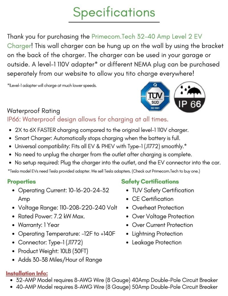 Primecom 32 & 40 Amp Level 2 EV Charger | 220 Volt | 25 & 30 Feet Length Only In ElectoGb