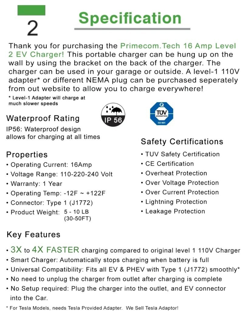 Primecom 24 Amp Level 2 EV Charger Amperage Adjustable: 10A - 16A - 24A Only In ElectoGb
