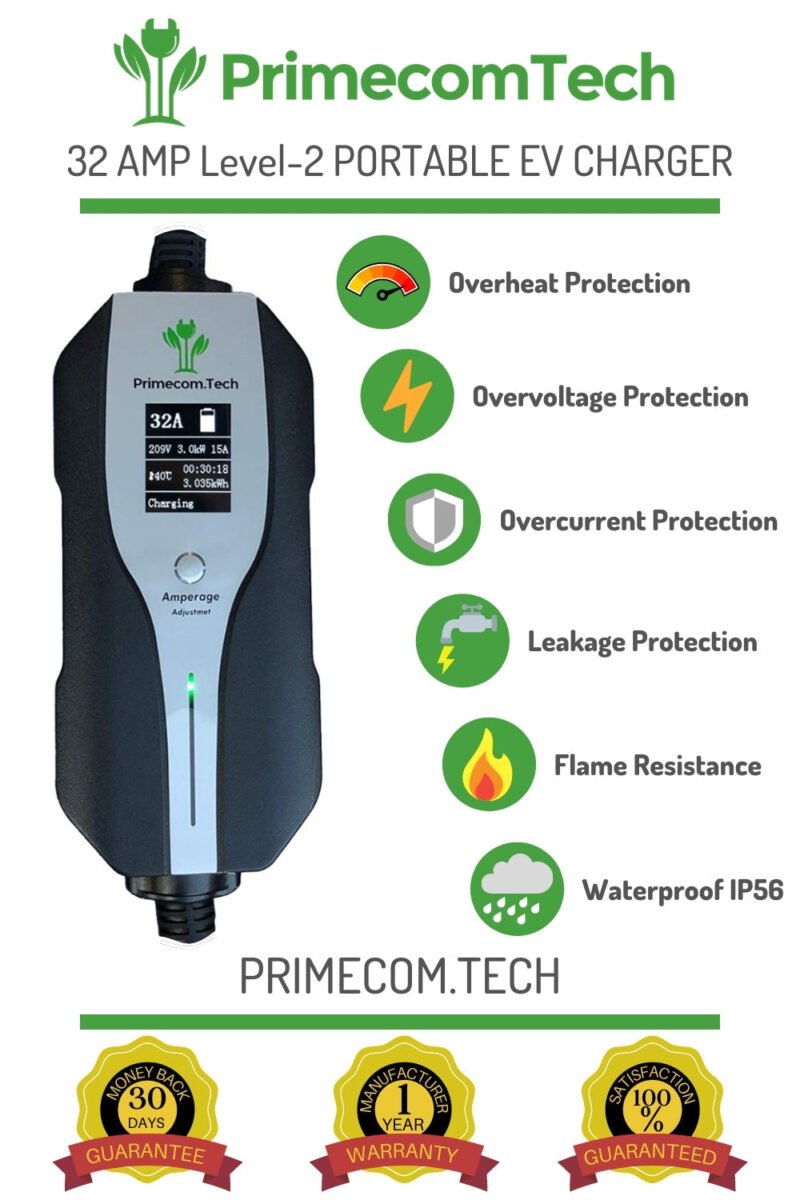 Primecom 32 Amp Level 2 Electric Vehicle (EV) Charger Amperage Adjustable Only In ElectoGb